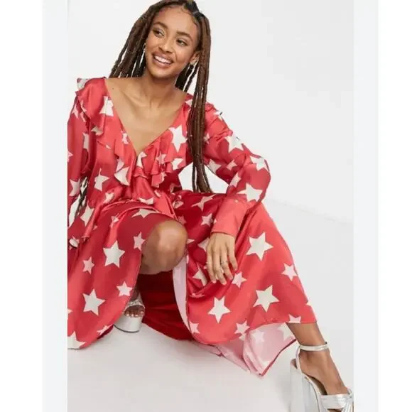 Sister Jane midi ruffle dress with full skirt in red star print size M SW - Picture 2 of 9